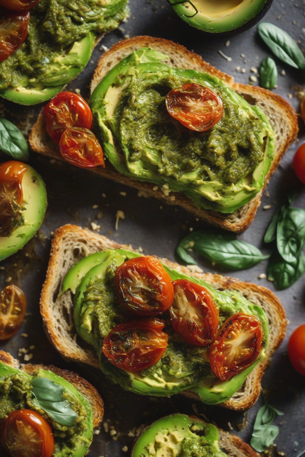 A high-resolution close-up photo of pesto-swirled avocado toast with roasted tomatoes under soft lighting.
