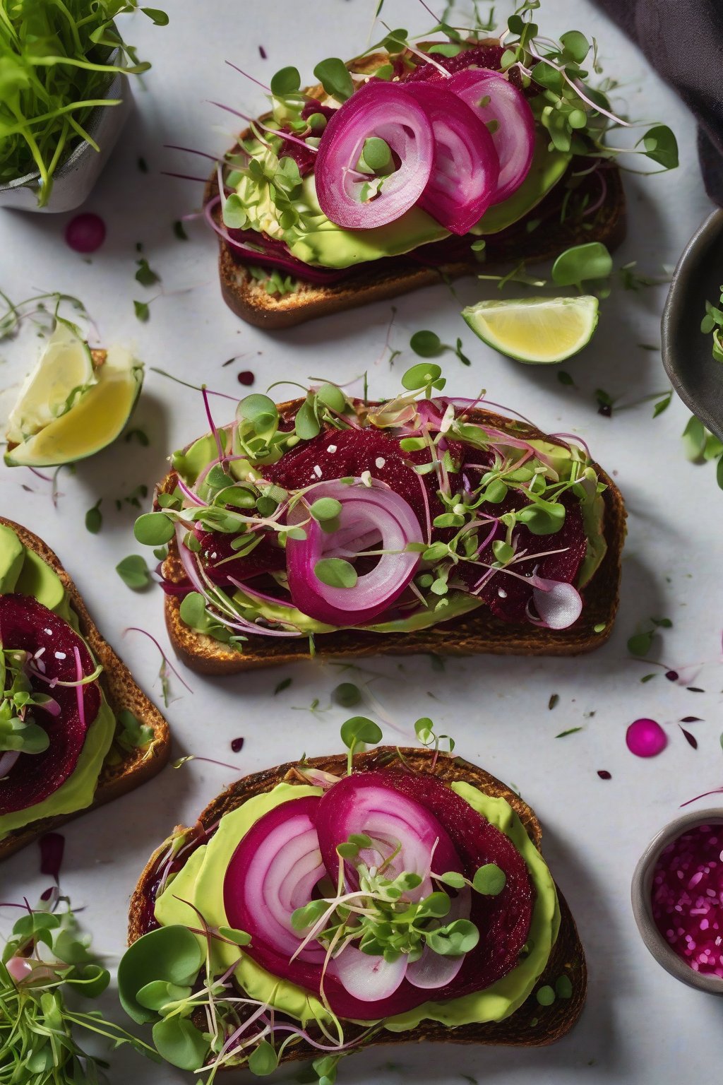 A high-resolution close-up photo of beet hummus avocado toast with pickled onions and microgreens under soft lighting.