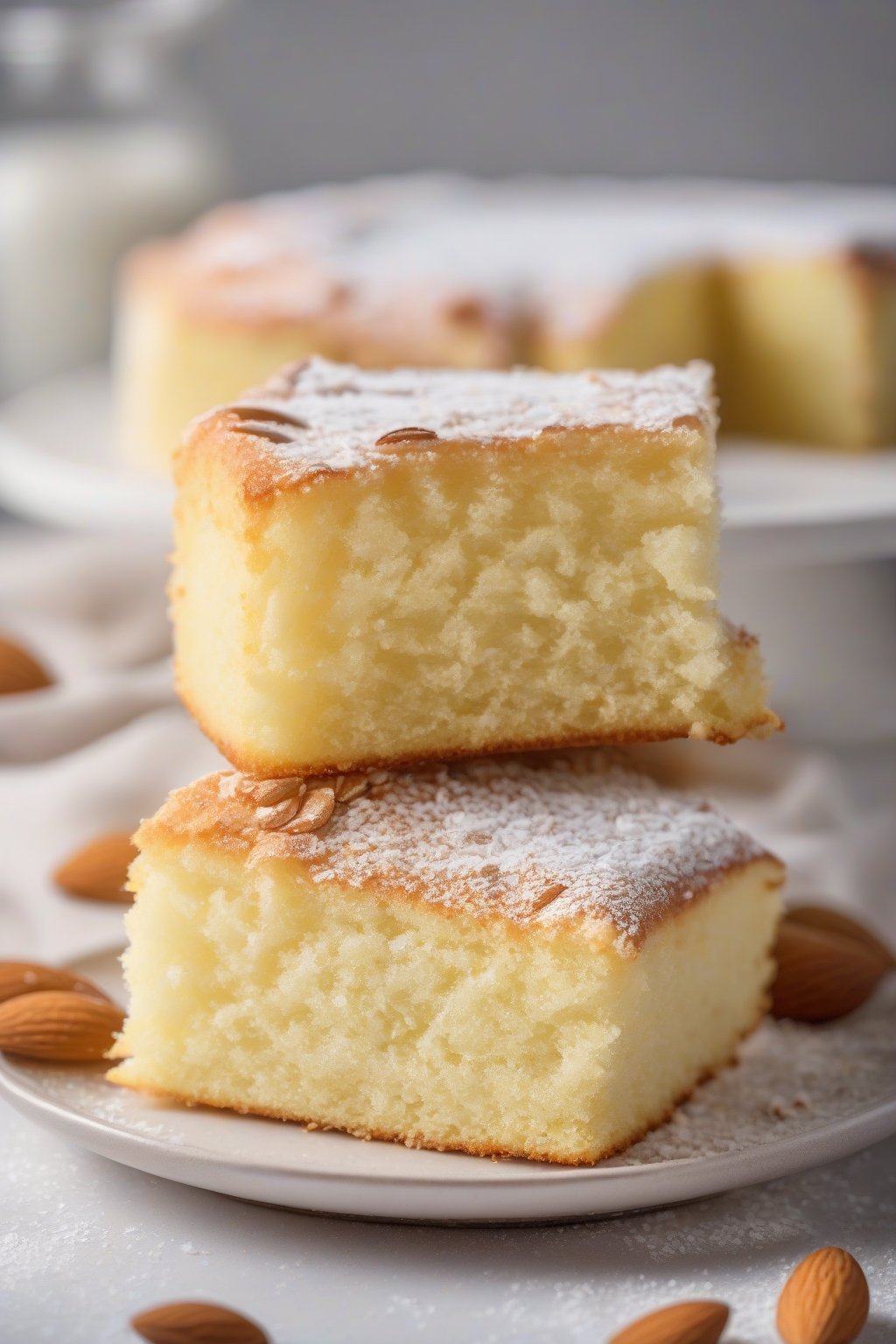 A high-resolution photo of almond buttery yellow cake sliced to show tender crumb, dusted with powdered sugar, under soft lighting.