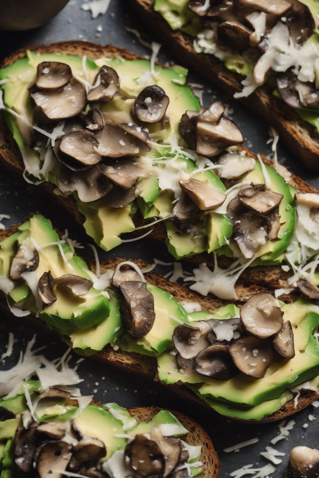 A high-resolution close-up photo of truffle mushroom avocado toast with parmesan shavings under soft lighting.