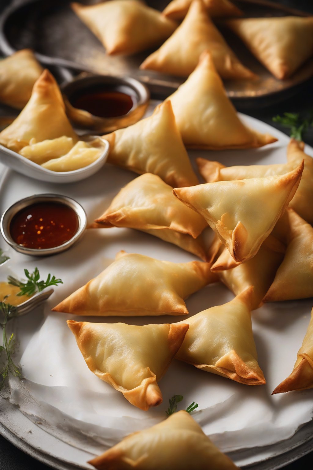A high-resolution photo of golden triangular samosas with potato filling on a white plate, steam rising, under soft lighting.