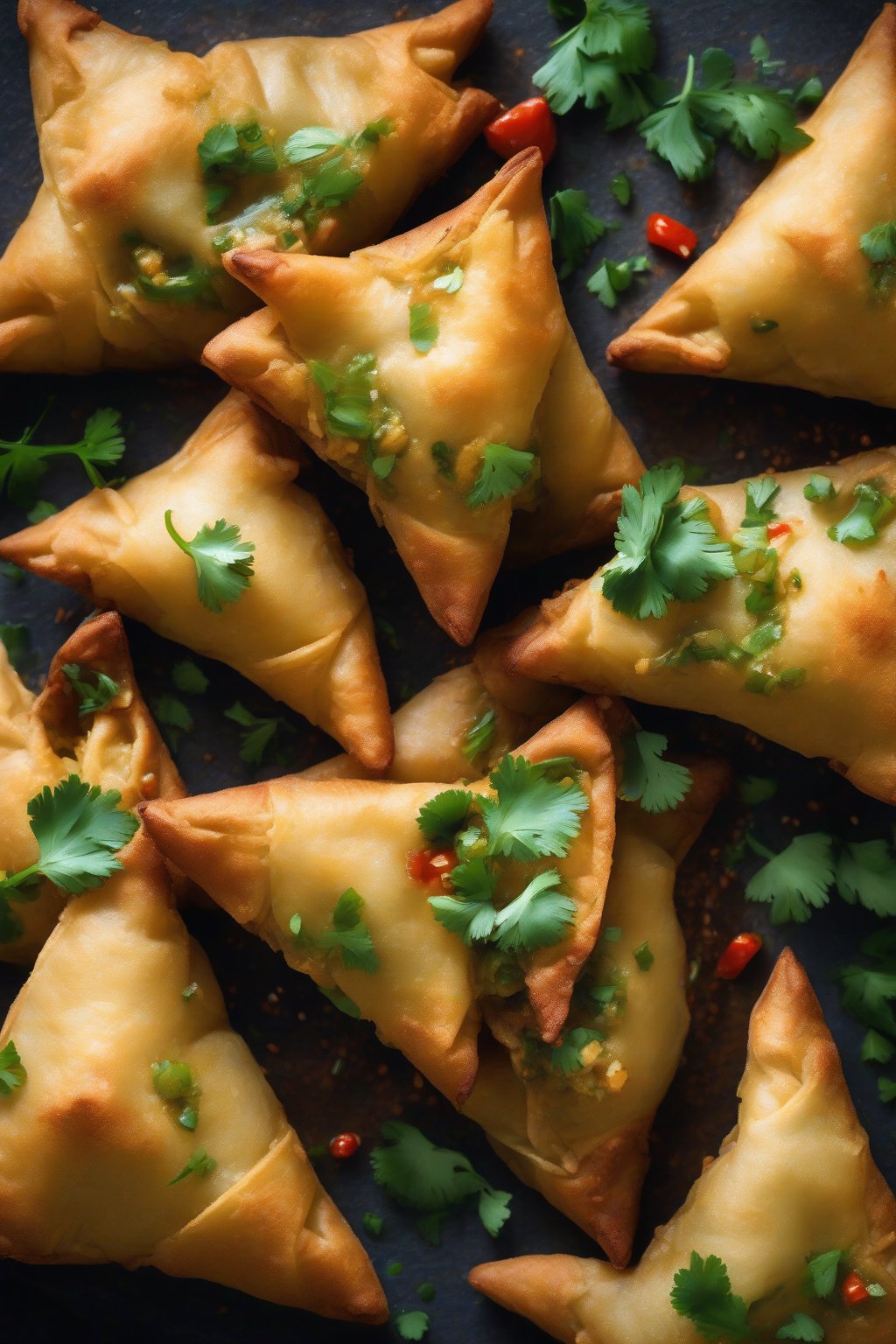 A high-resolution photo of spicy triangular potato samosas garnished with cilantro, bite taken to show filling, under soft lighting.