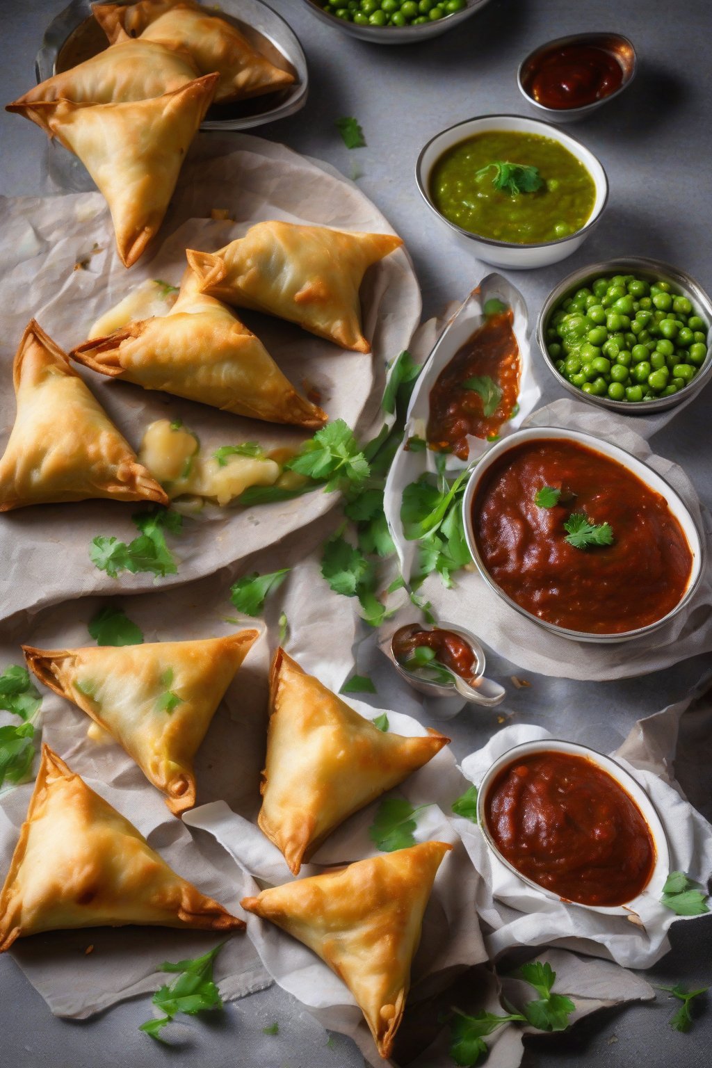 A high-resolution photo of baked triangular samosas stuffed with potato and peas, served with chutney, under soft lighting.
