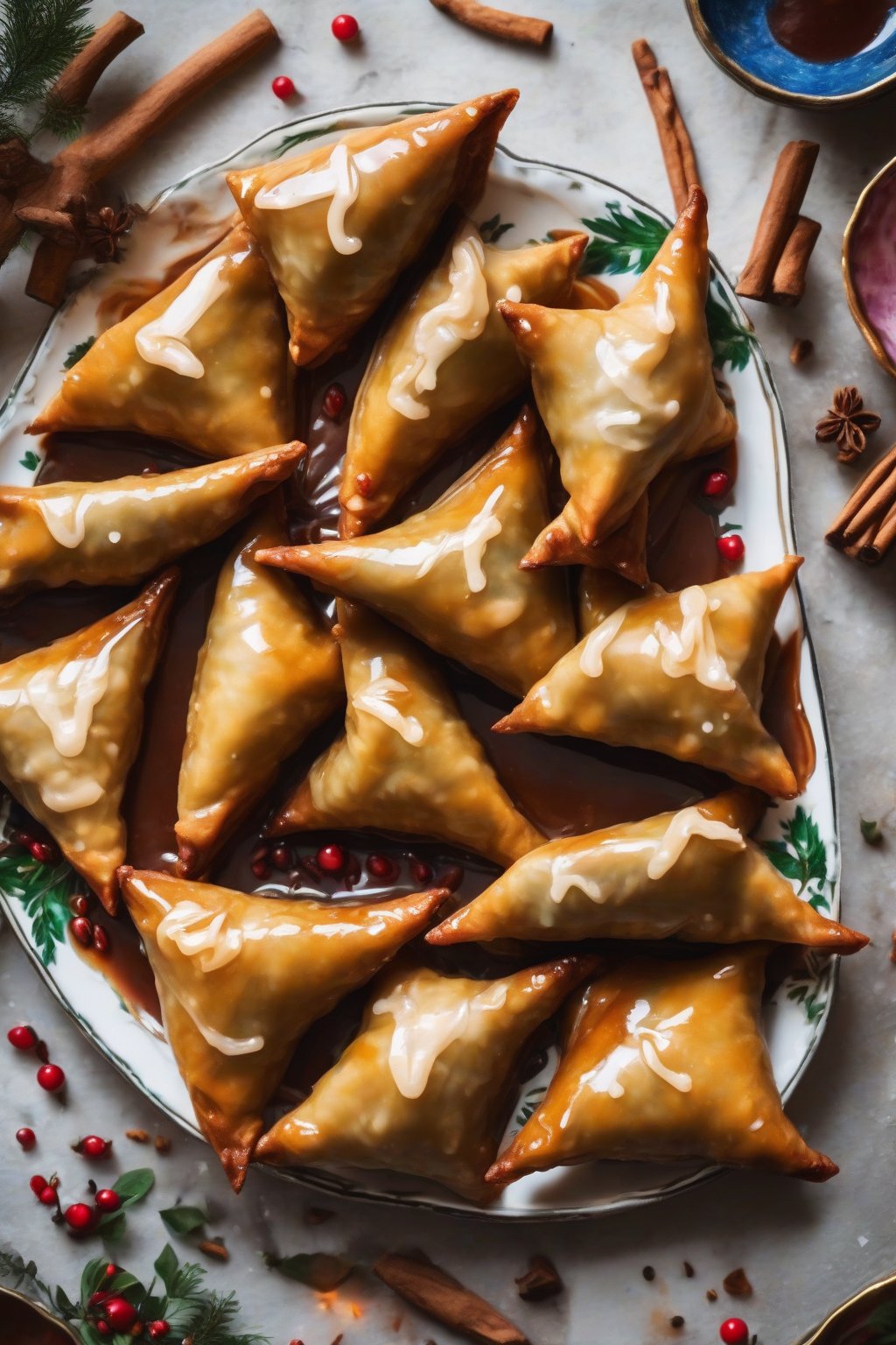 A high-resolution photo of glossy triangular samosas with tamarind glaze dripping, on a festive plate, under soft lighting.