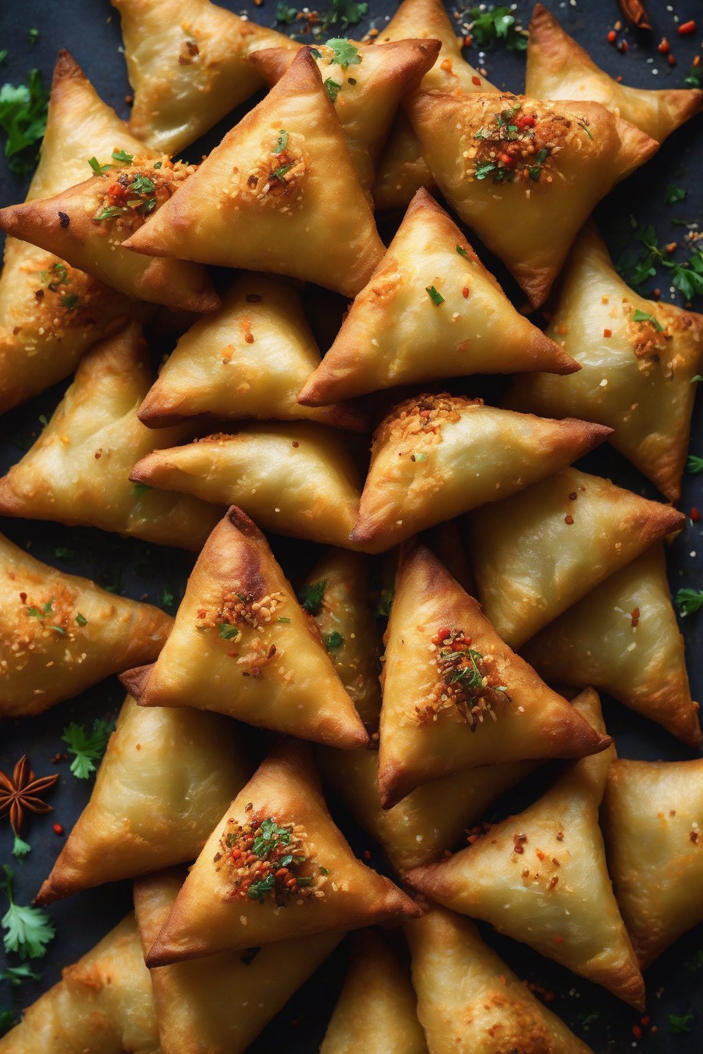 A high-resolution photo of roasted triangular potato samosas stacked pyramid-style, spices visible, under soft lighting.