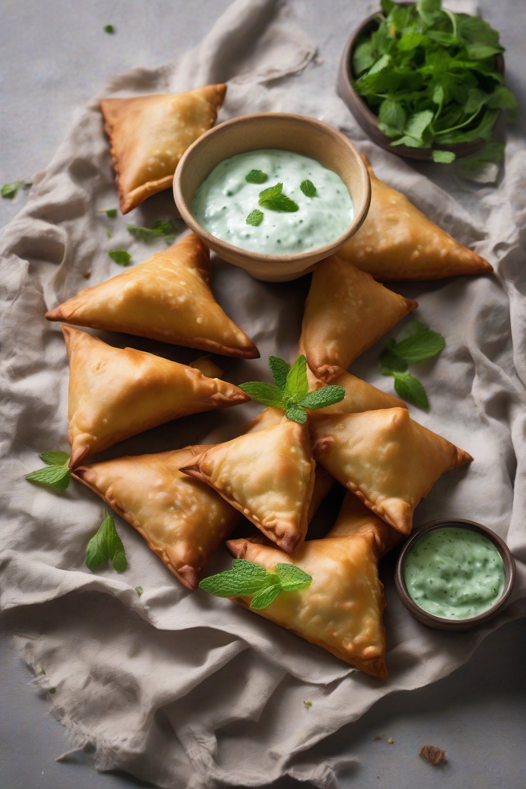 A high-resolution photo of fresh triangular samosas with mint yogurt dip, green flecks in filling, under soft lighting.