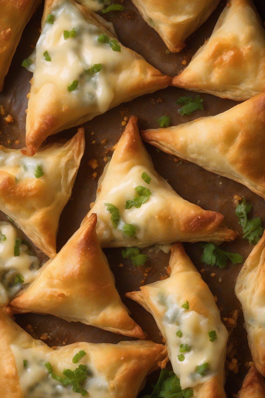 A high-resolution photo of cheesy triangular samosas oozing filling, cross-section view, under soft lighting.