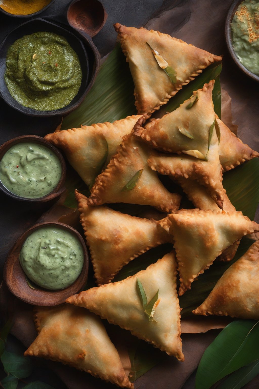 A high-resolution photo of coconut-flecked triangular samosas with curry leaves, beside coconut chutney, under soft lighting.