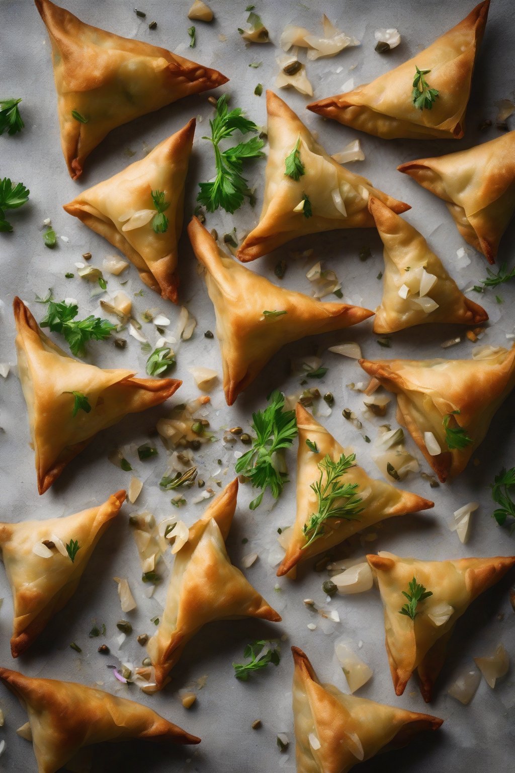 A high-resolution photo of aromatic triangular samosas with garlic bits, steam and herbs, under soft lighting.