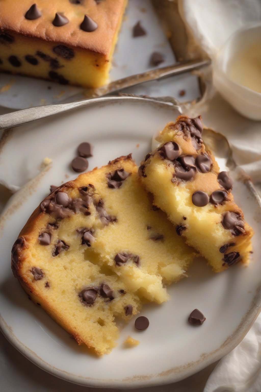 A high-resolution photo of chocolate chip buttery yellow cake warm from the oven, chips oozing, under soft lighting.