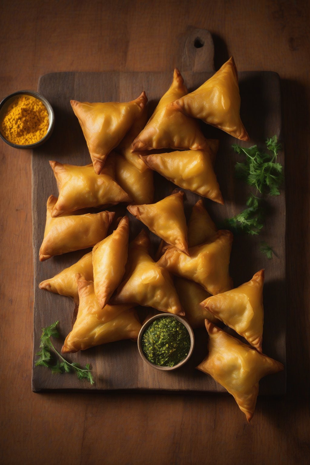 A high-resolution photo of turmeric-hued triangular potato samosas glowing on a wooden board, under soft lighting.