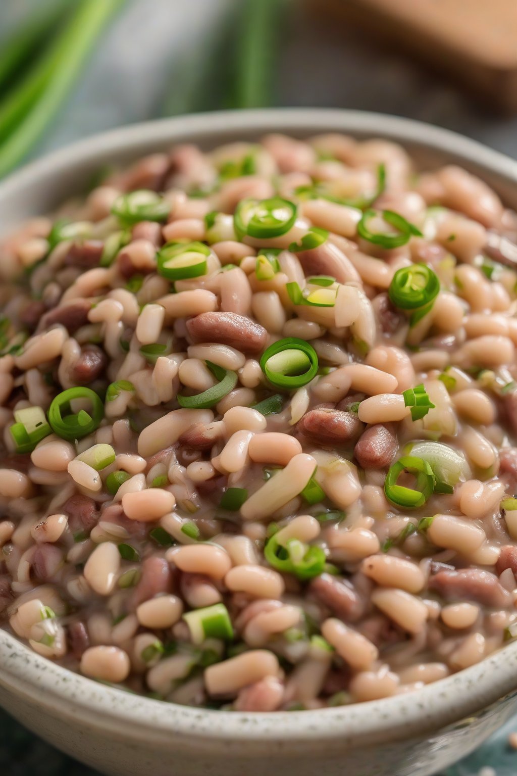 A close-up photo of steaming Hoppin' John in a bowl, topped with sliced green onions, under soft lighting.