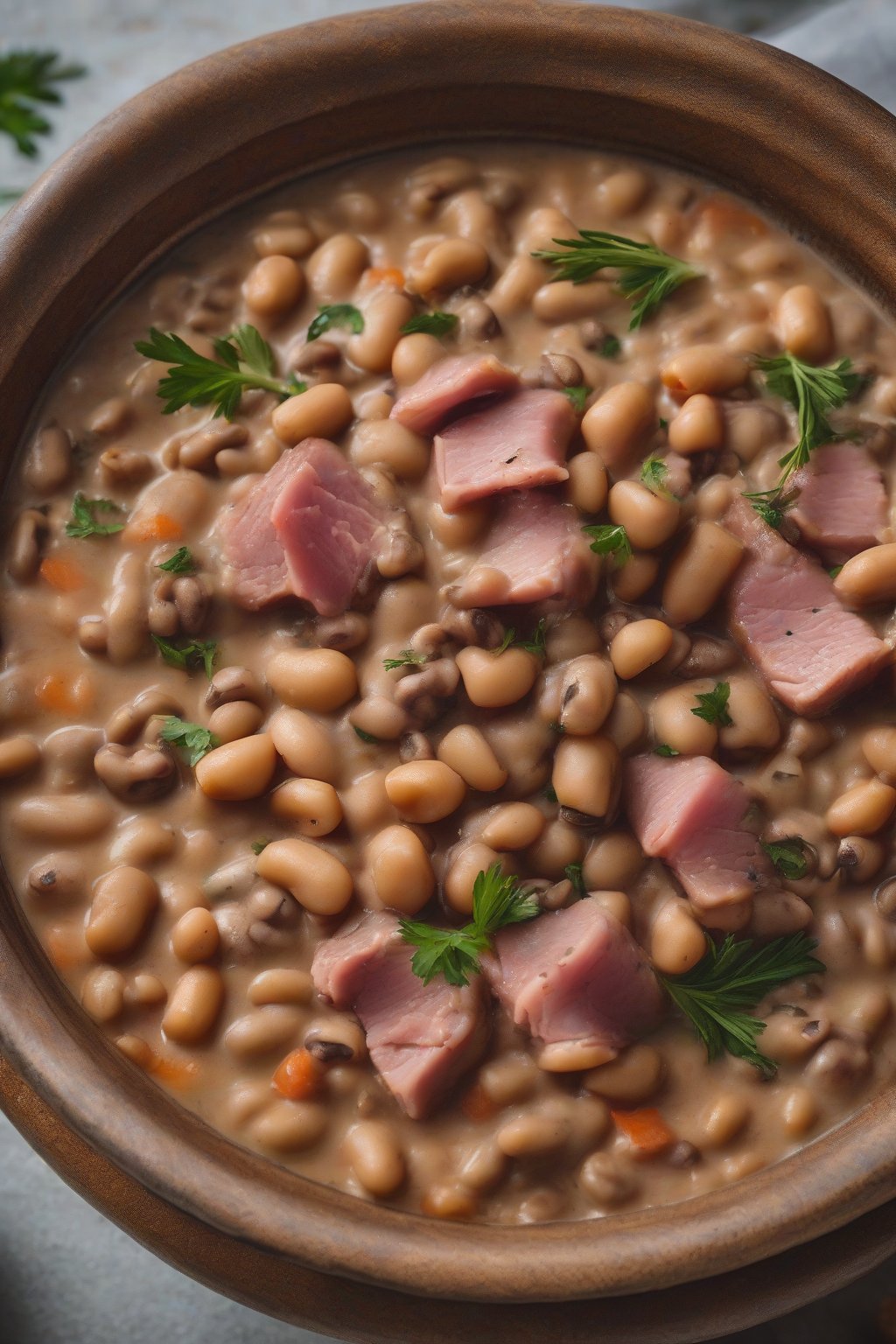 A close-up photo of creamy black-eyed peas with ham hocks in a rustic bowl, garnished with herbs, under soft lighting.