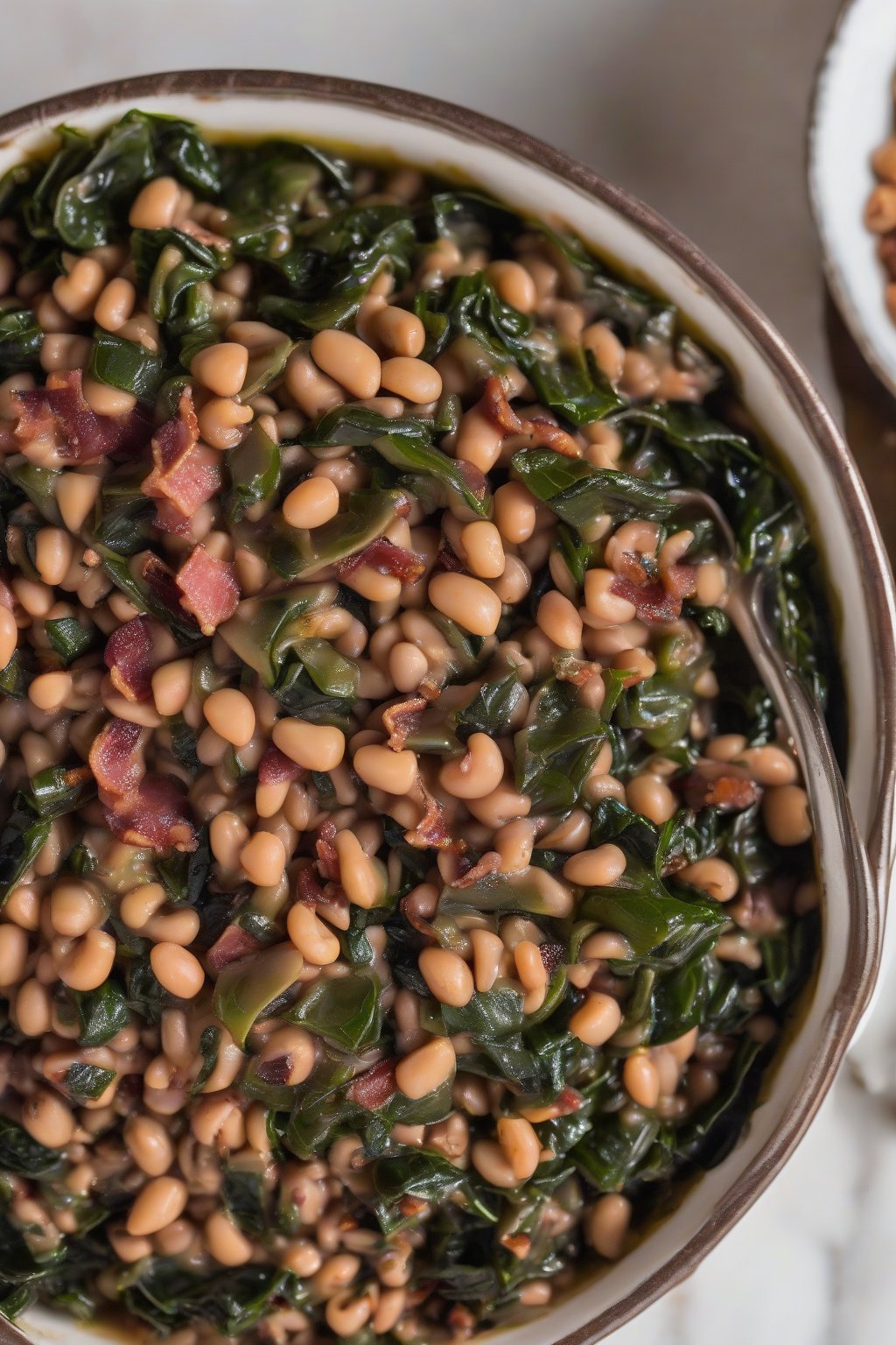 A close-up photo of black-eyed peas mixed with collards and bacon bits in a serving dish, under soft lighting.