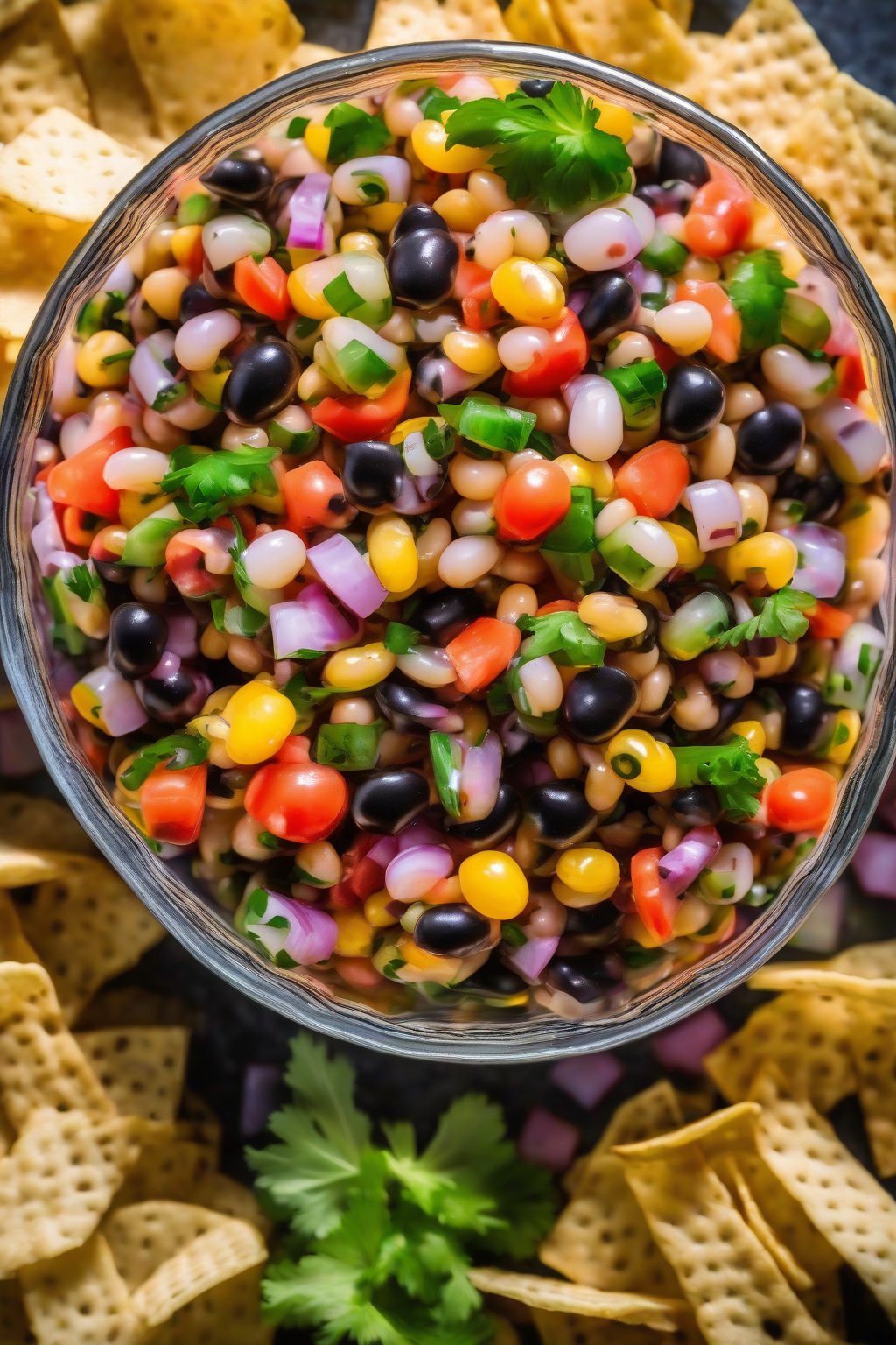 A close-up photo of vibrant Texas caviar in a glass bowl with chips on the side, under soft lighting.