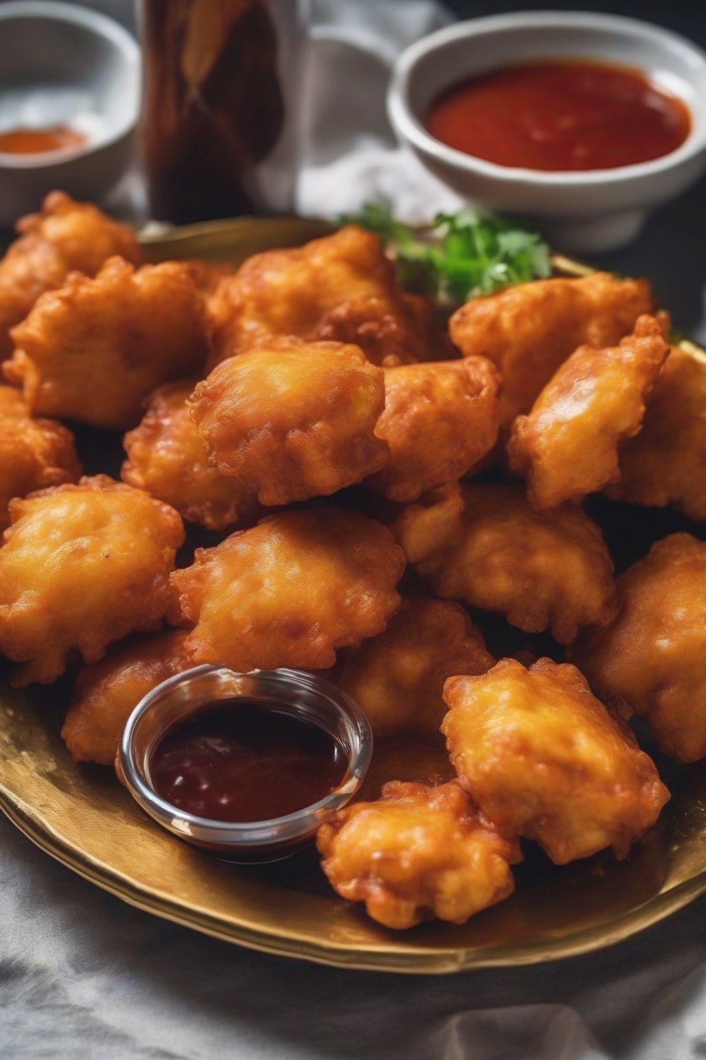 A close-up photo of golden akara fritters on a plate with pepper sauce, under soft lighting.