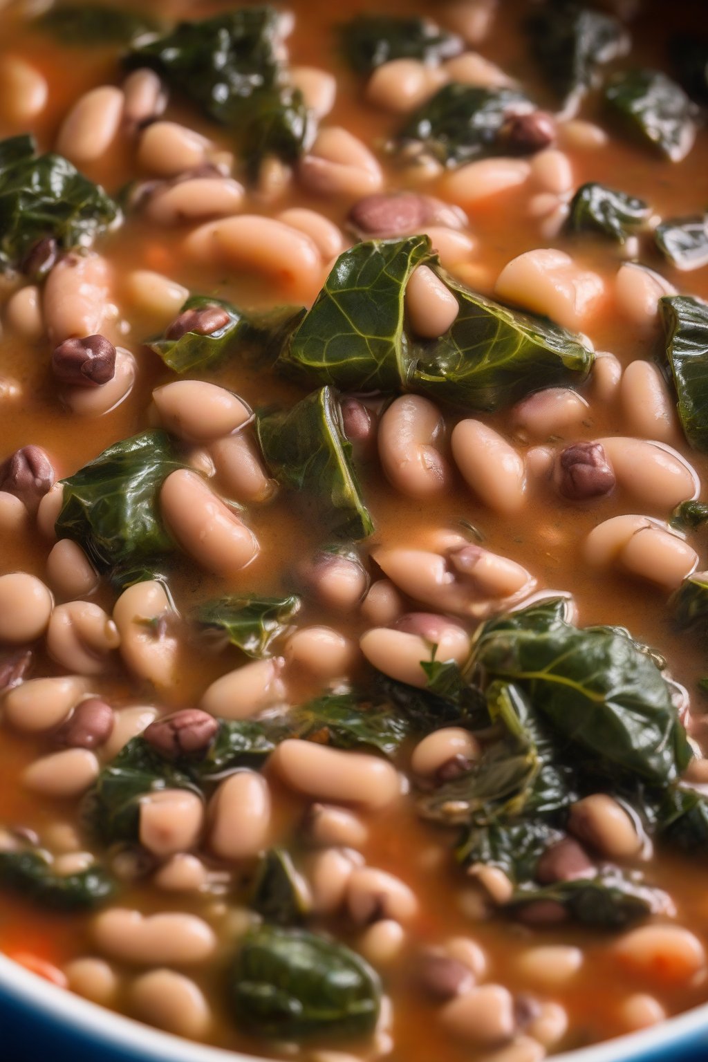 A close-up photo of thick black-eyed pea and collard stew in a bowl, steam rising, under soft lighting.