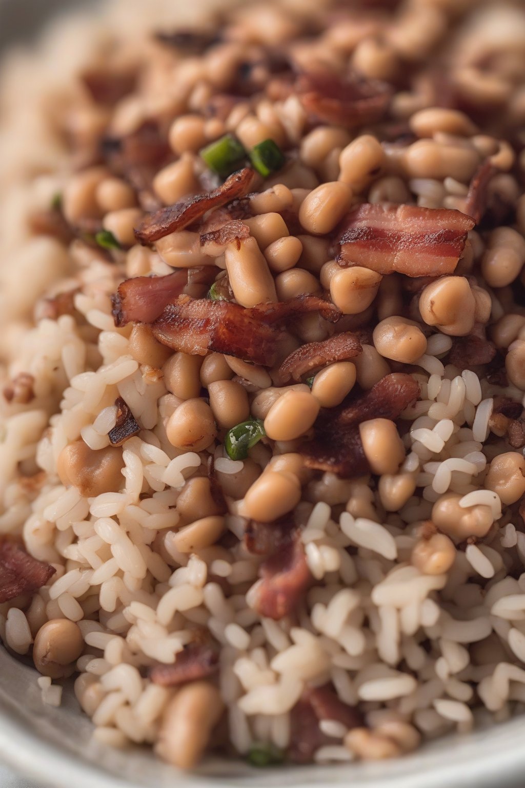 A close-up photo of black-eyed peas and rice with crispy bacon scattered on top, under soft lighting.