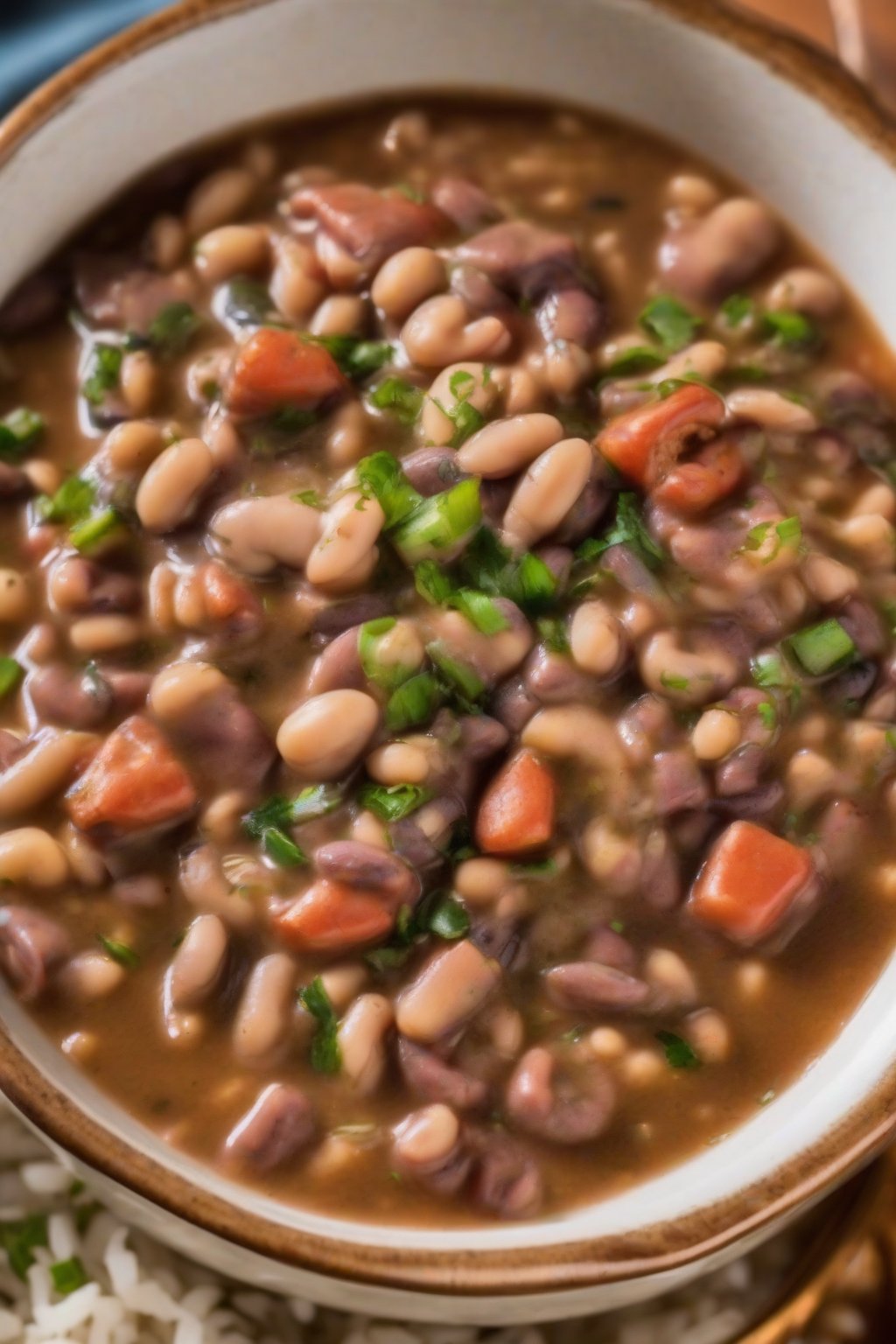 A close-up photo of black-eyed pea gumbo ladled over rice in a bowl, under soft lighting.