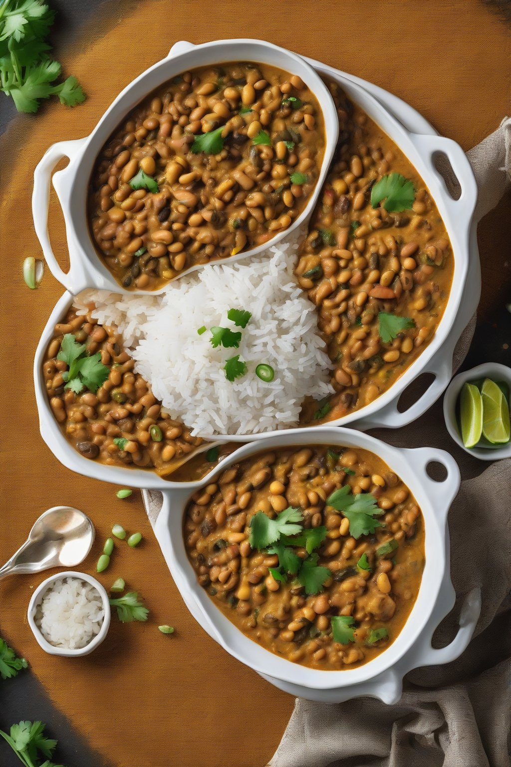 A close-up photo of creamy Jamaican black-eyed pea curry with rice, garnished with scallions, under soft lighting.