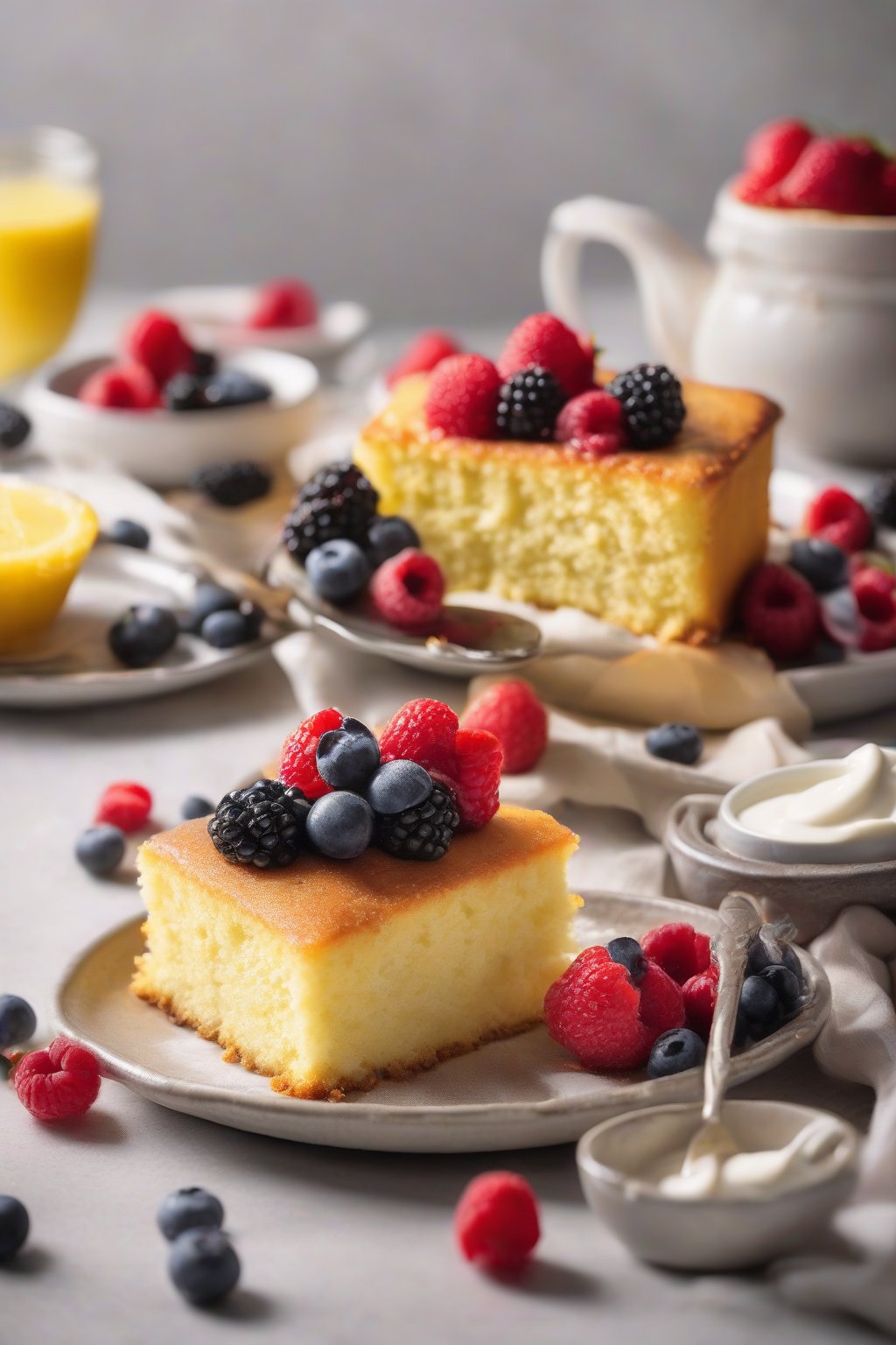 A high-resolution photo of yogurt moist yellow cake with fresh berries on top, creamy interior exposed, under soft lighting.