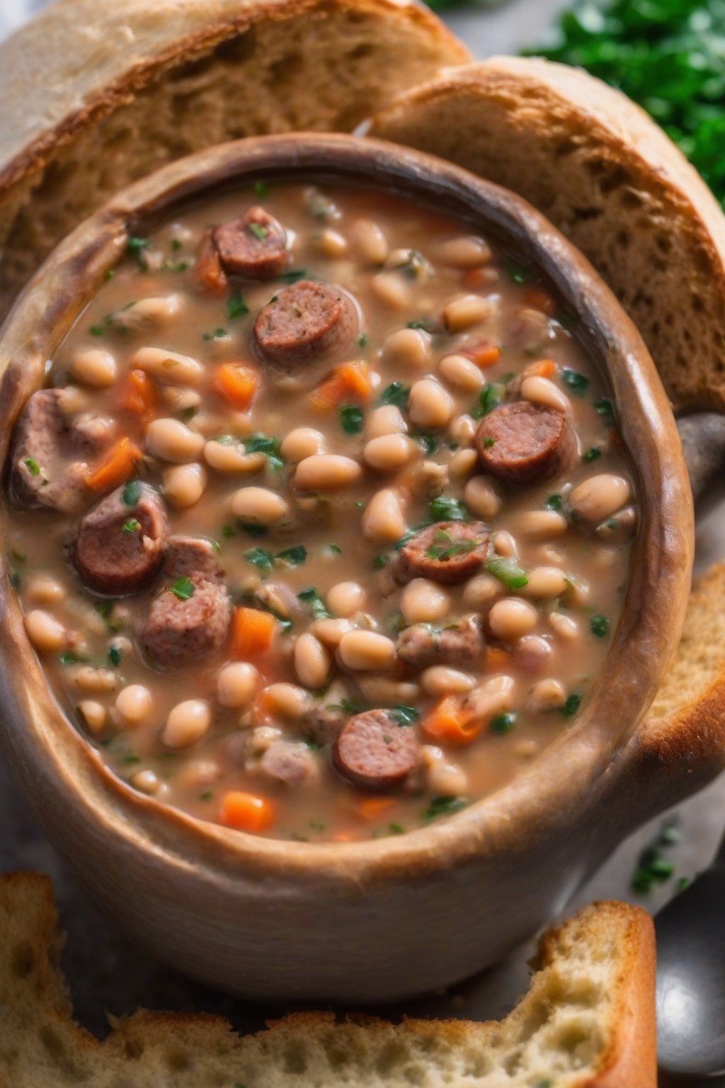 A close-up photo of chunky black-eyed pea soup with sausage slices, in a bread bowl, under soft lighting.