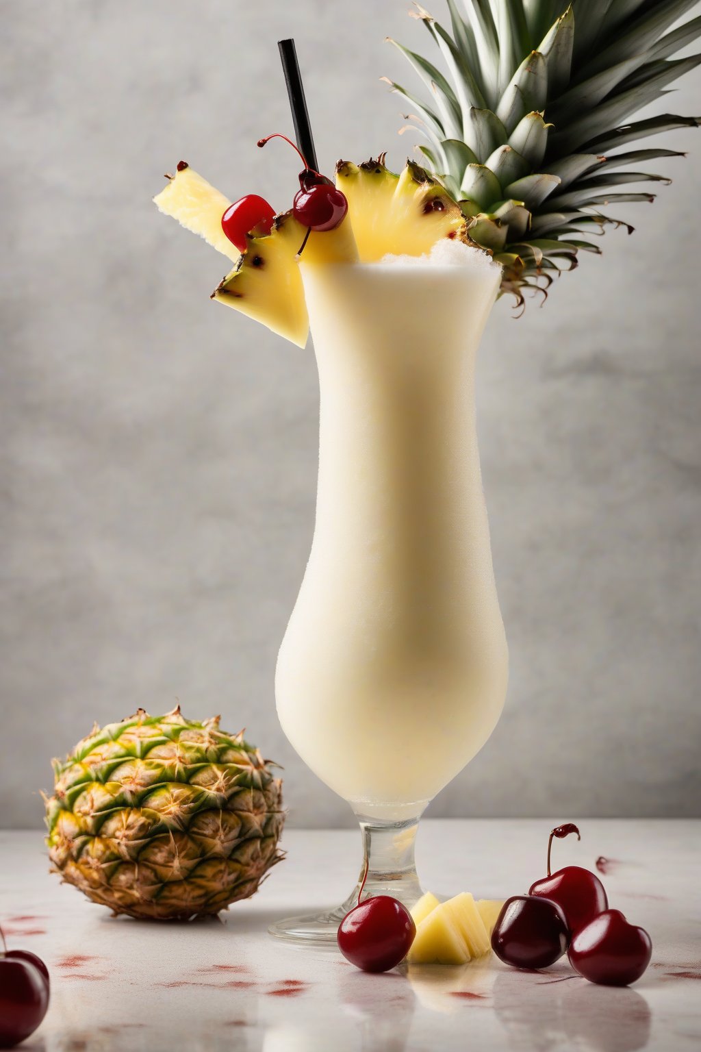 A high-resolution photo of a frosty classic piña colada in a tall glass garnished with a pineapple wedge and cherry, under soft lighting.