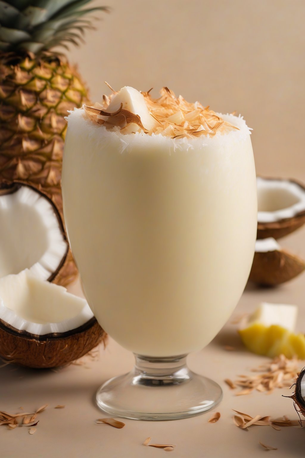 A high-resolution photo of a creamy virgin piña colada topped with toasted coconut in a hollowed coconut shell, under soft lighting.