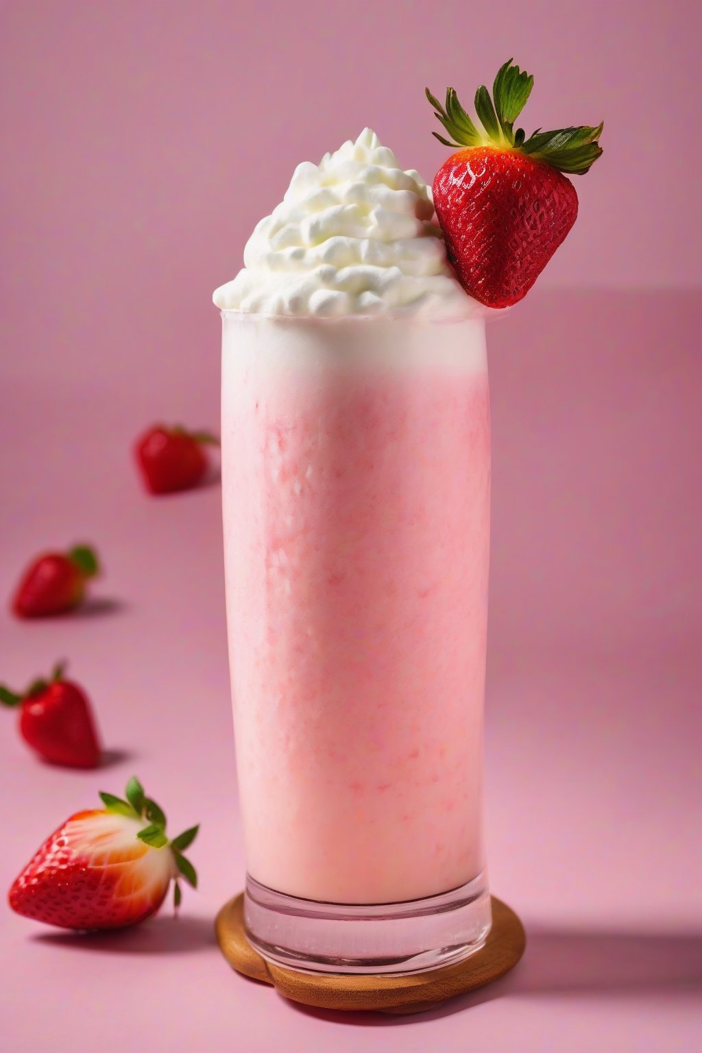 A high-resolution photo of a pink strawberry piña colada topped with whipped cream and fresh strawberries, under soft lighting.