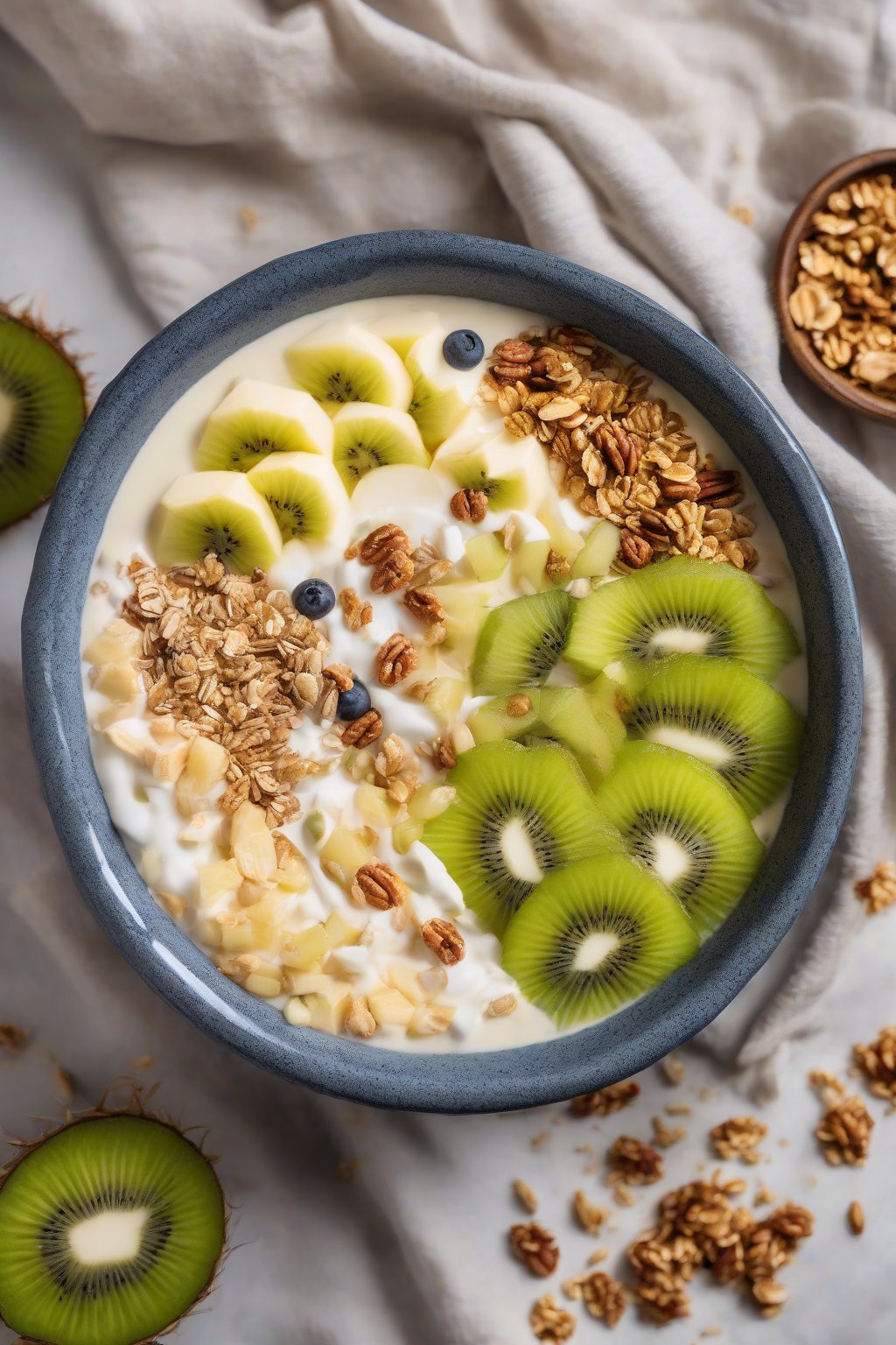 A high-resolution photo of a piña colada smoothie bowl topped with granola, kiwi, and coconut, under soft lighting.