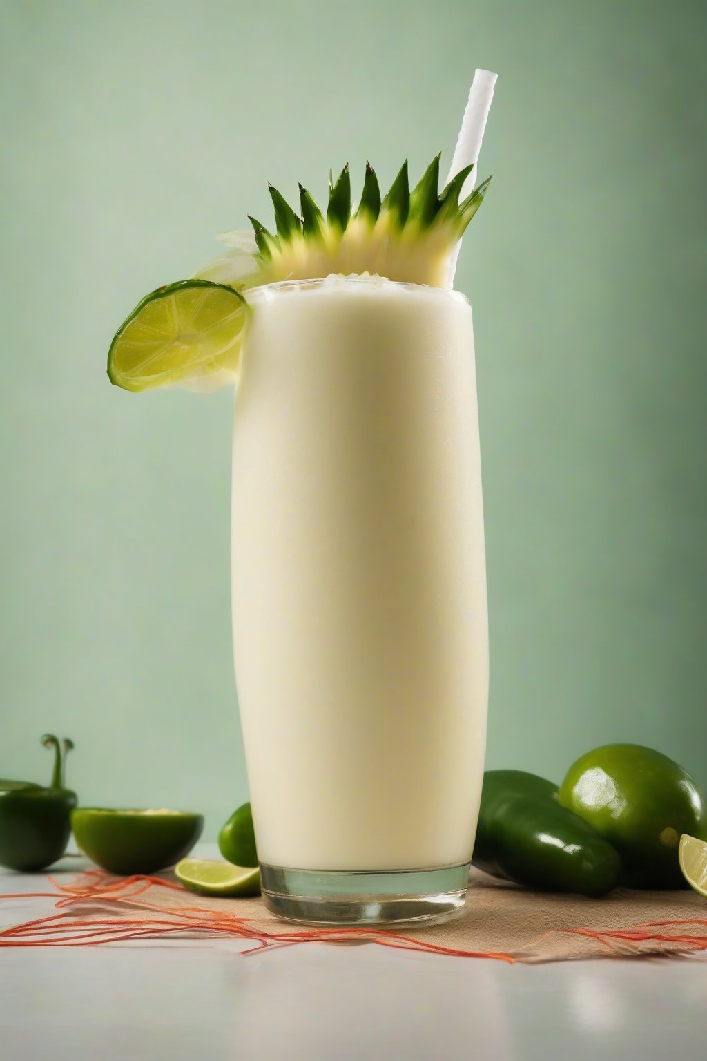 A high-resolution photo of a spicy jalapeño piña colada garnished with lime and jalapeño wheel, under soft lighting.