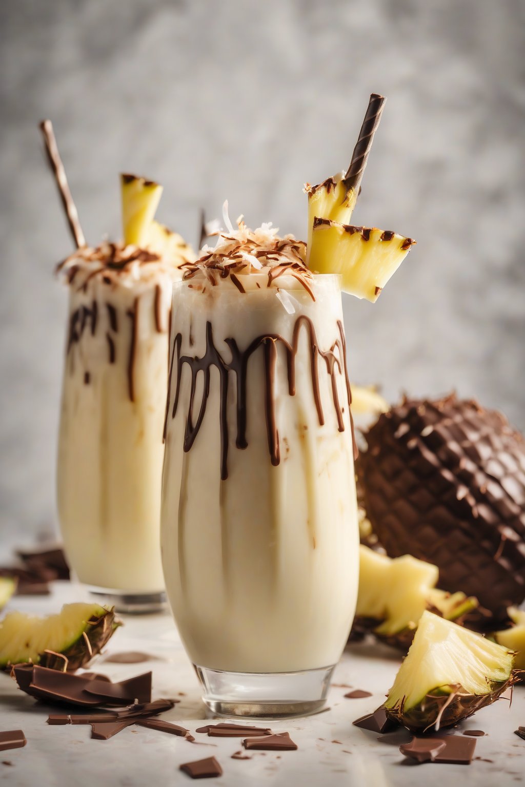 A high-resolution photo of a chocolate-drizzled piña colada with coconut shavings, under soft lighting.