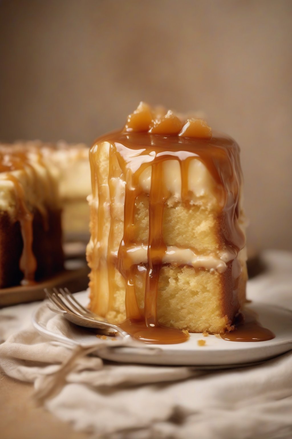A high-resolution photo of buttermilk brown sugar yellow cake with caramel drizzle, rustic slice, under soft lighting.