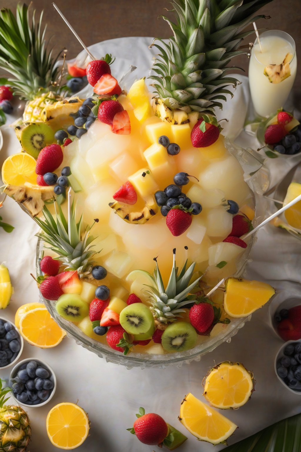 A high-resolution photo of a large tropical piña colada punch bowl with fruit skewers, under soft lighting.