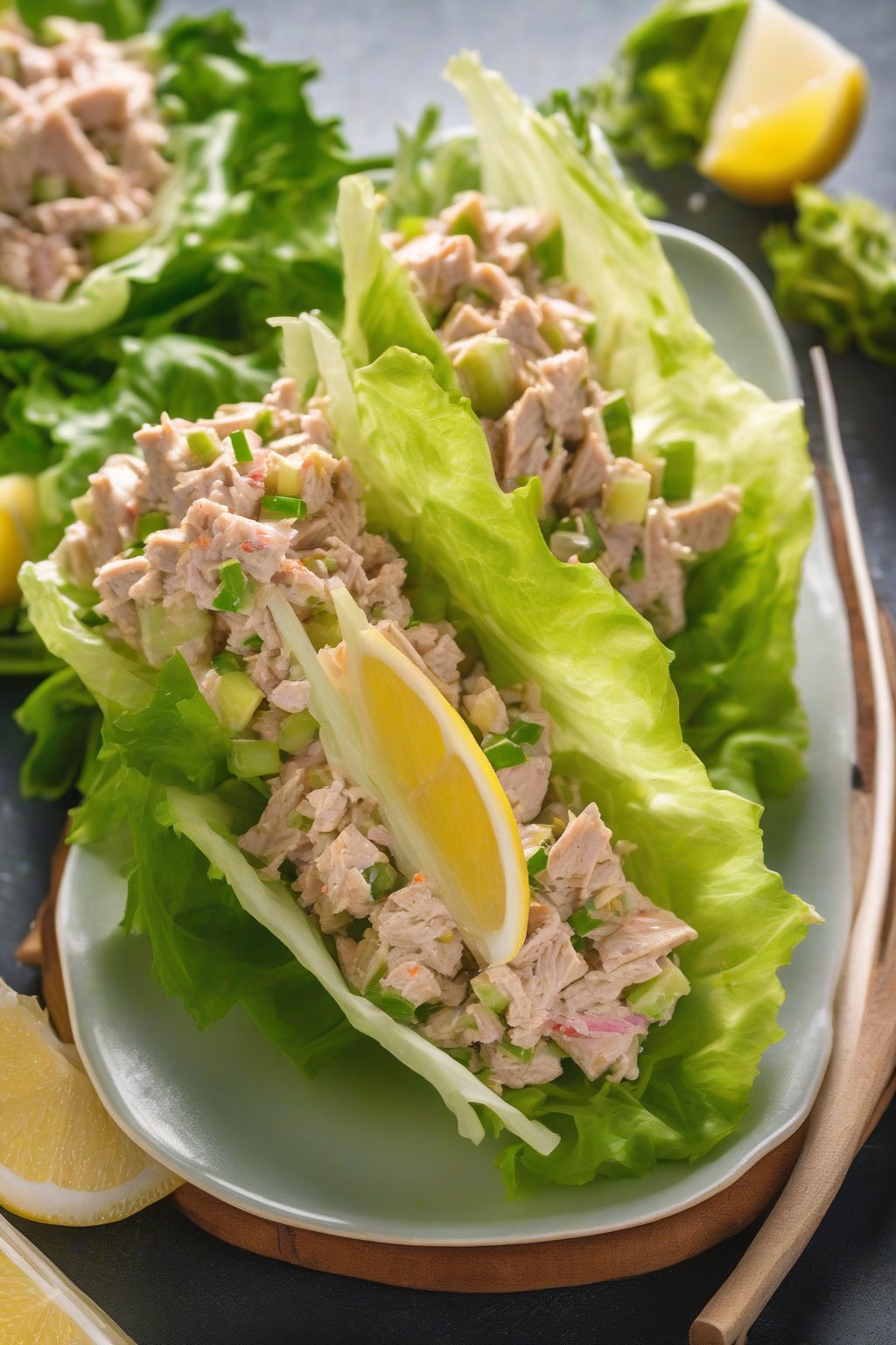 A high-resolution photo of classic celery crunch tuna salad served in a lettuce wrap, garnished with lemon wedges, under soft lighting.