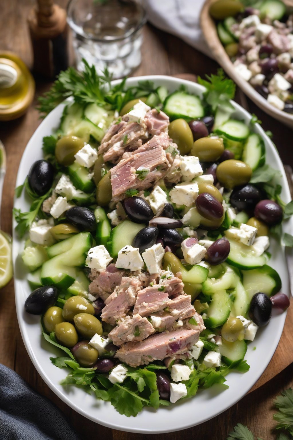 A high-resolution photo of Mediterranean olive and feta tuna salad in a white bowl with cucumber slices and olives on top, under soft lighting.