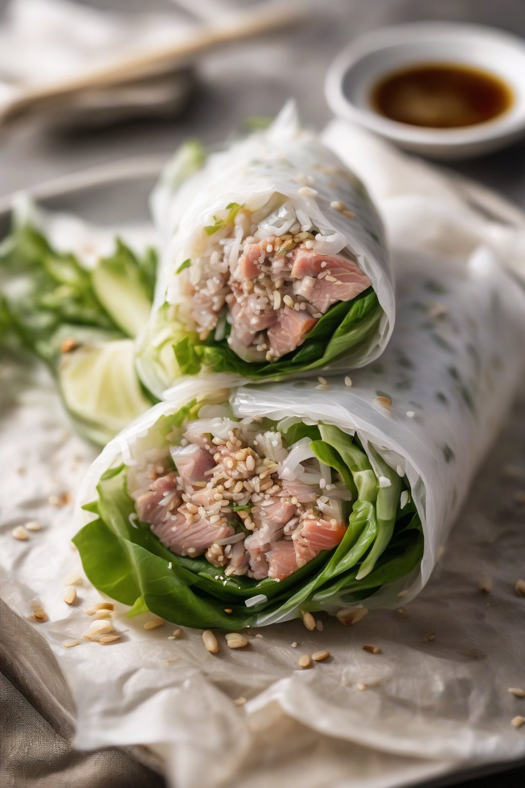 A high-resolution photo of Asian sesame ginger tuna salad wrapped in rice paper with sesame seeds scattered, under soft lighting.