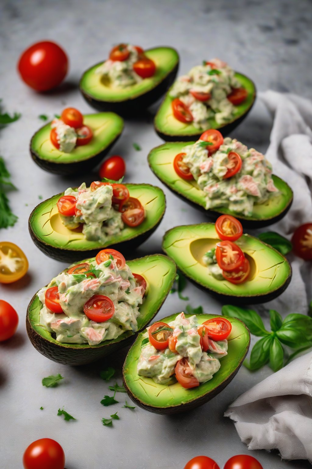 A high-resolution photo of creamy avocado tuna salad stuffed back into avocado halves with cherry tomatoes, under soft lighting.