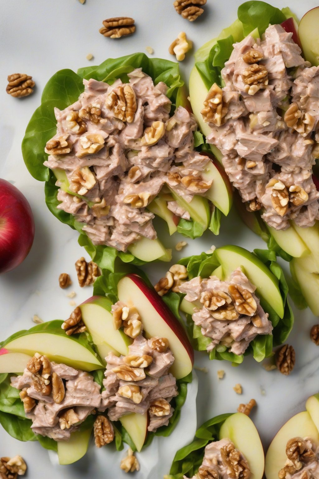 A high-resolution photo of apple walnut tuna salad on apple slices with walnuts on top, under soft lighting.