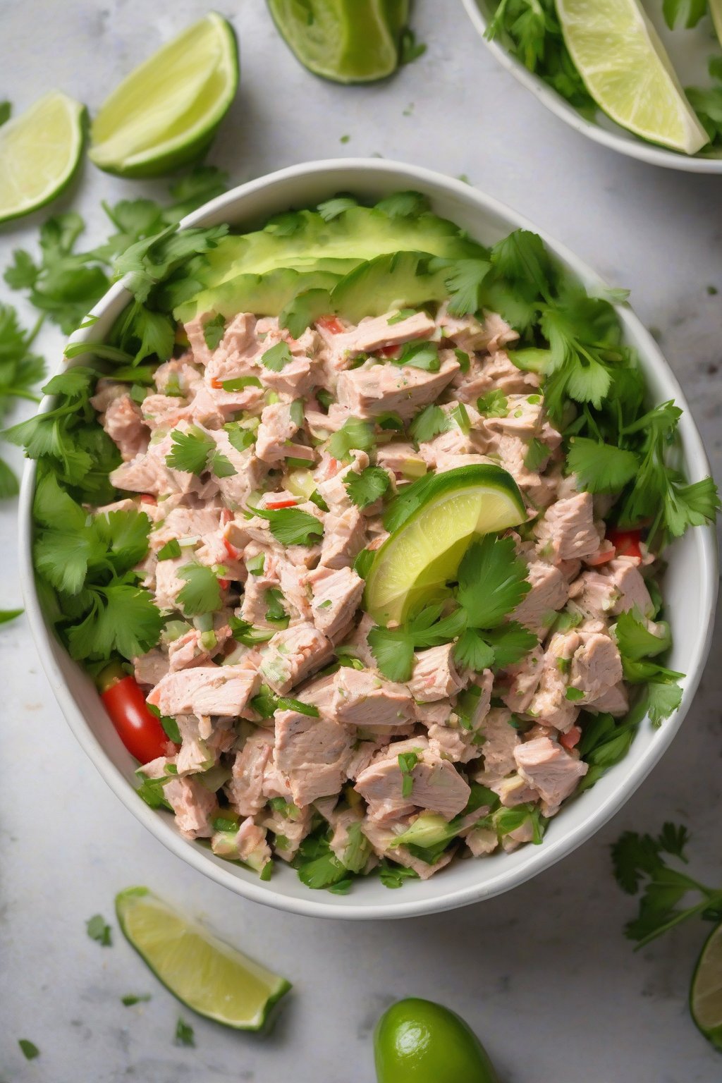 A high-resolution photo of spicy jalapeño kick tuna salad in a bowl with fresh cilantro and lime wedges, under soft lighting.