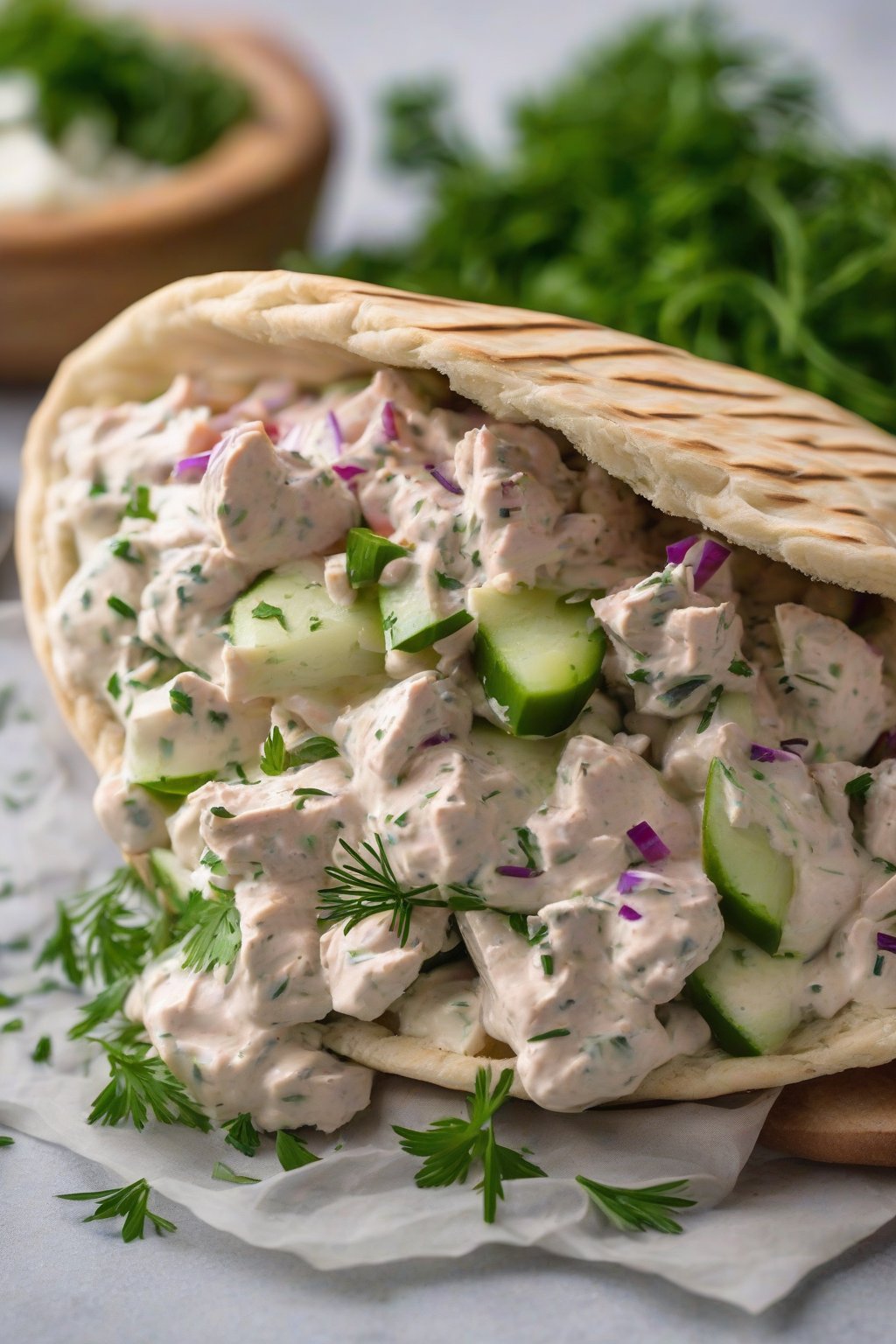 A high-resolution photo of Greek yogurt herb tuna salad topped with dill in a pita pocket, under soft lighting.