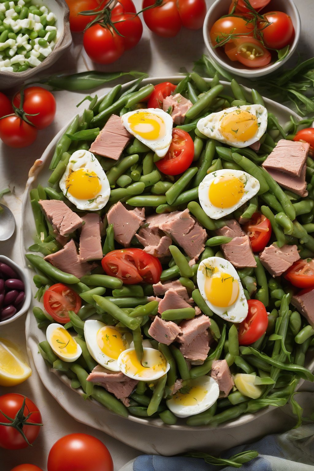 A high-resolution photo of Niçoise-inspired tuna salad with egg slices, green beans, and tomatoes arranged artfully, under soft lighting.