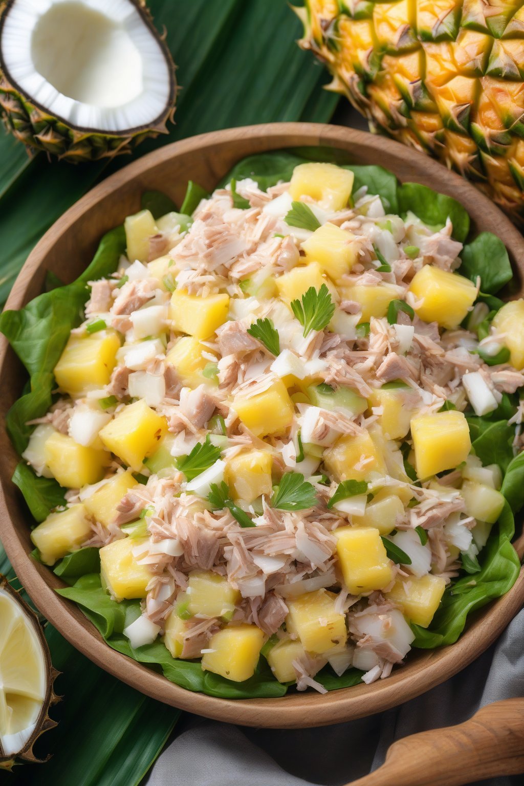 A high-resolution photo of tropical pineapple coconut tuna salad with pineapple chunks and coconut flakes, under soft lighting.