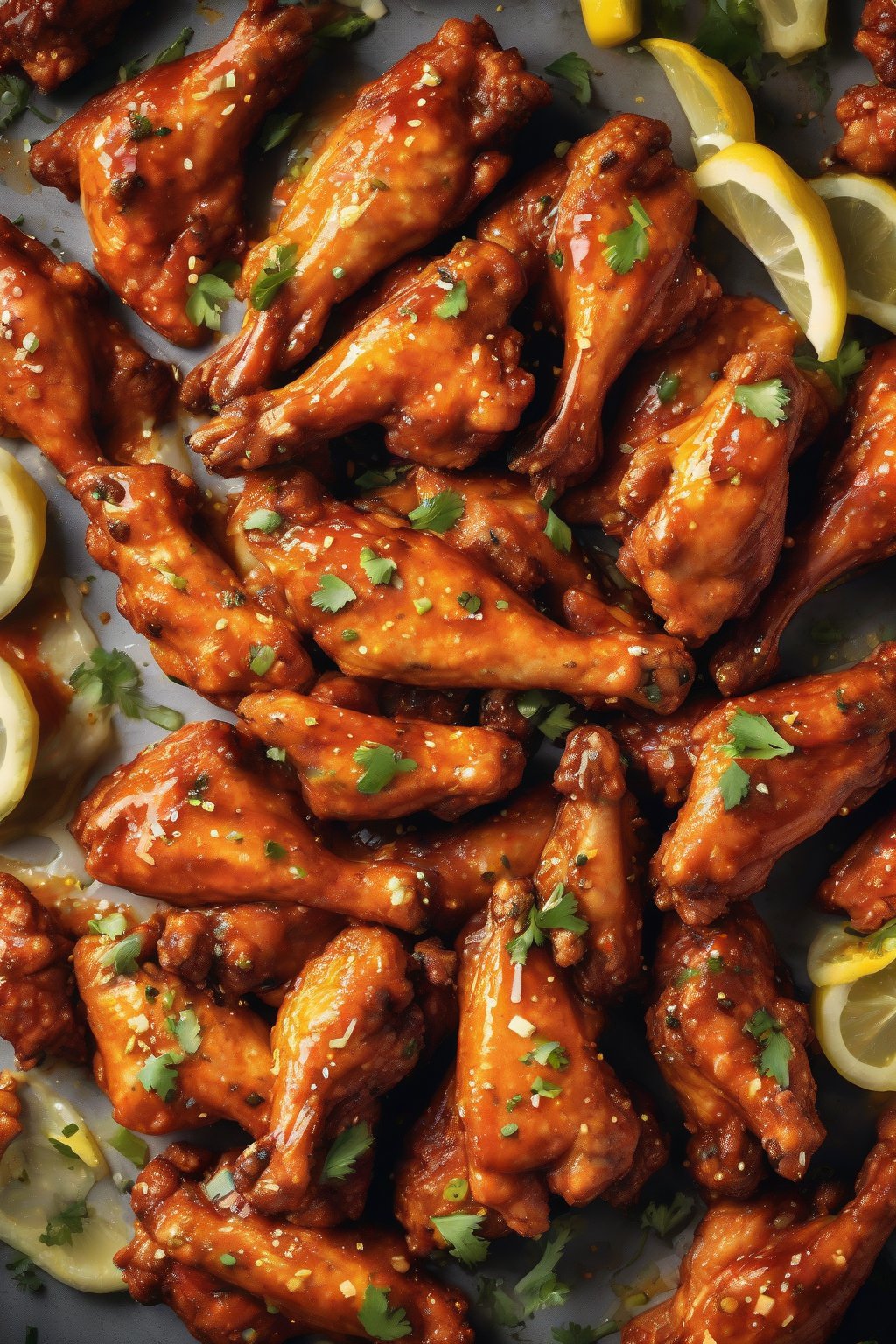 A high-resolution photo of zesty lemon-pepper Buffalo wings glistening with sauce and yellow zest flecks under soft lighting.