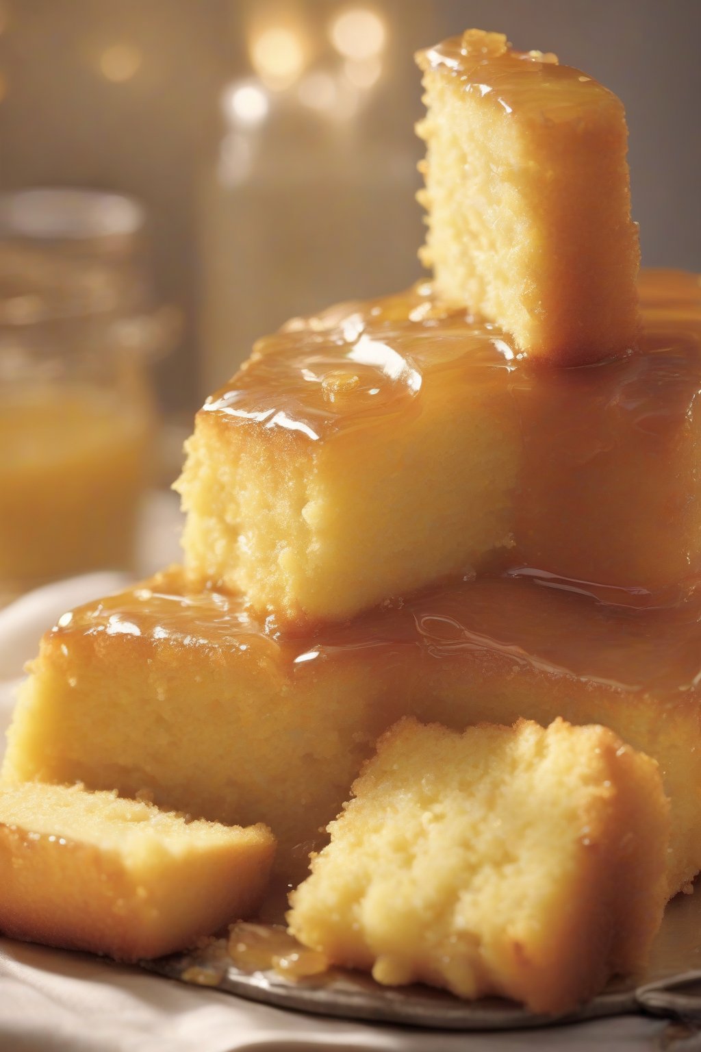A high-resolution photo of rum-soaked buttery yellow cake glistening with syrup, golden and inviting, under soft lighting.