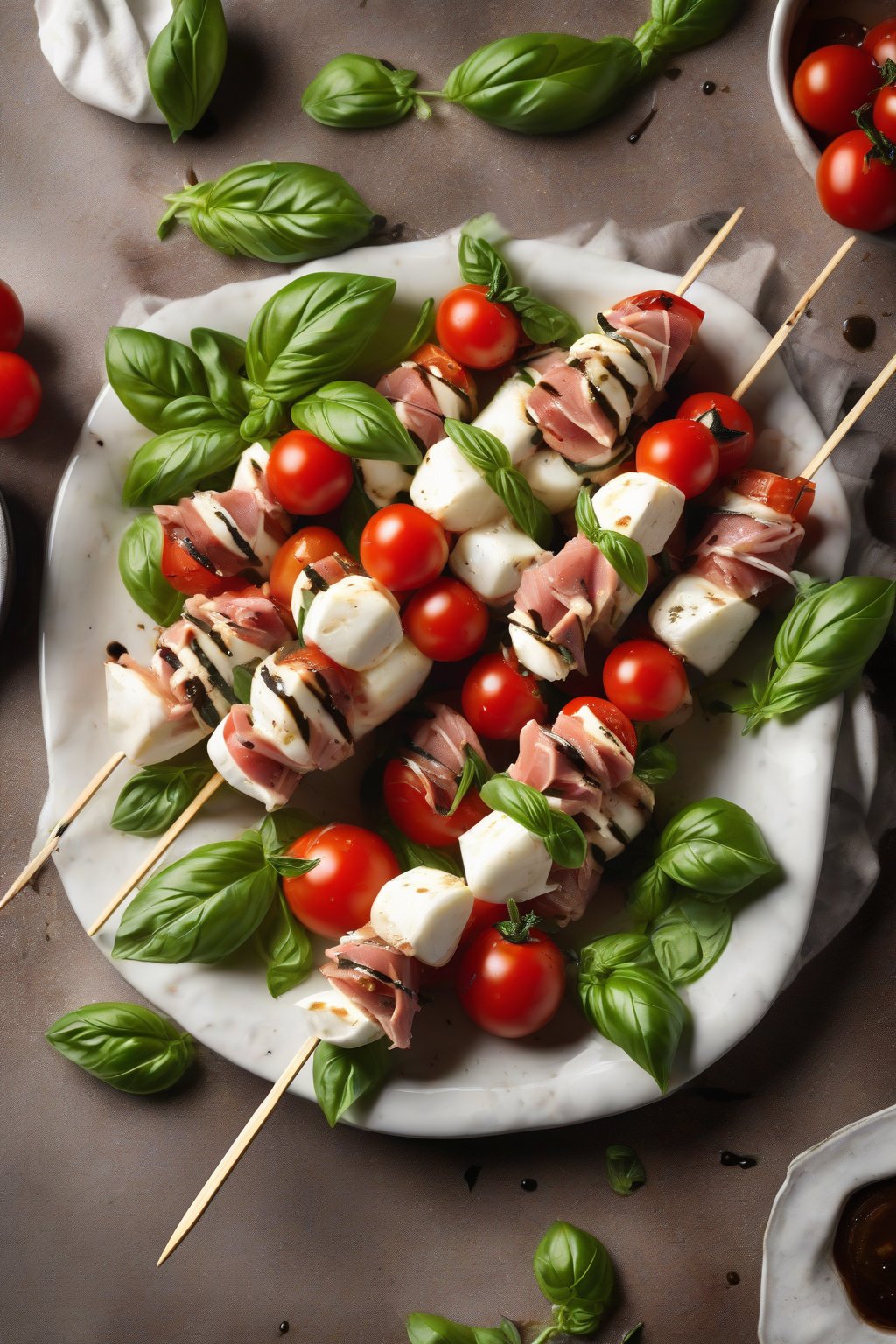 A high-resolution photo of Caprese tuna salad twist skewered with mozzarella, tomatoes, and basil, drizzled with balsamic, under soft lighting.