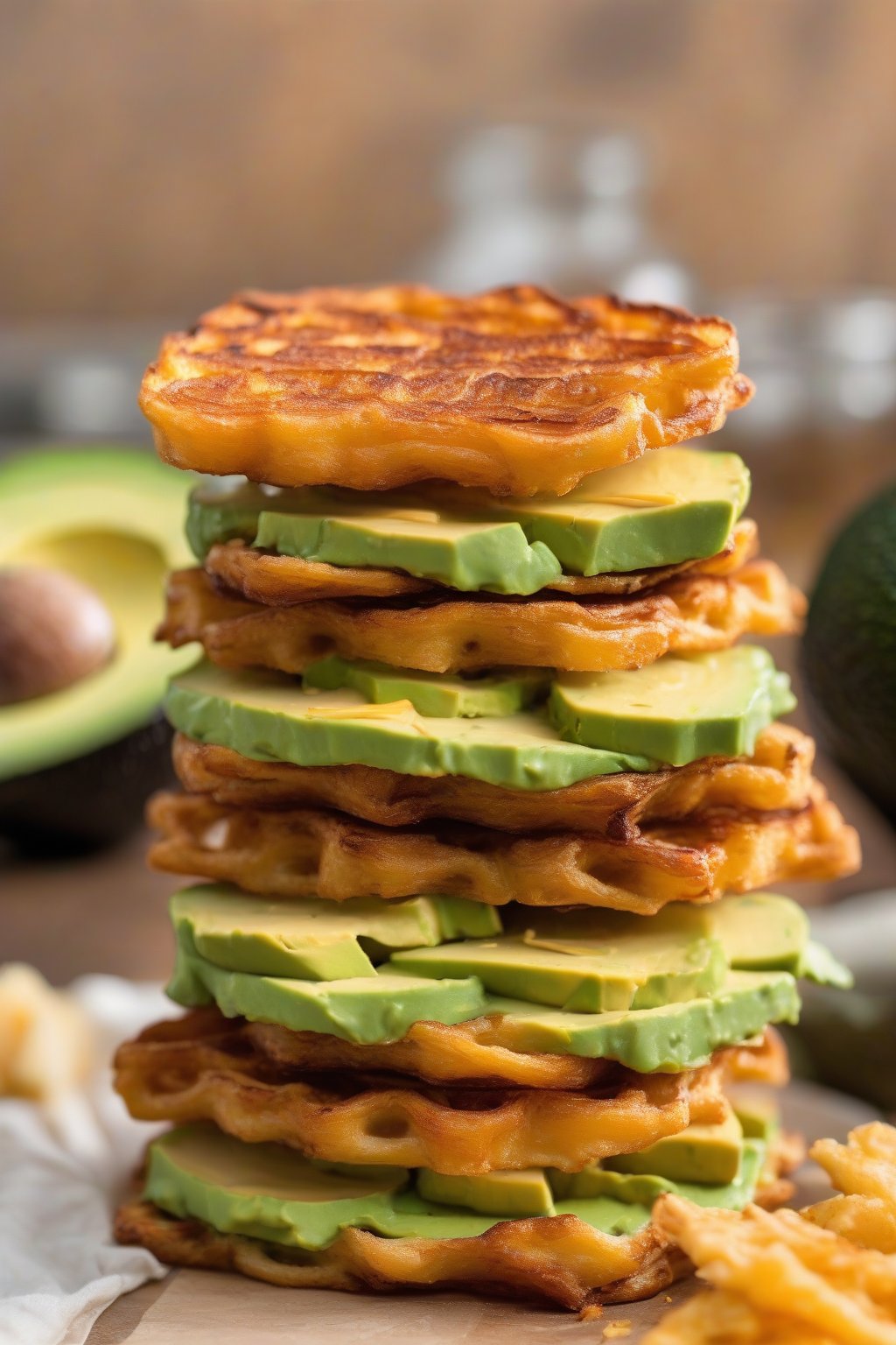 A close-up photo of a golden, crispy classic cheddar chaffle stacked with avocado slices under soft lighting.