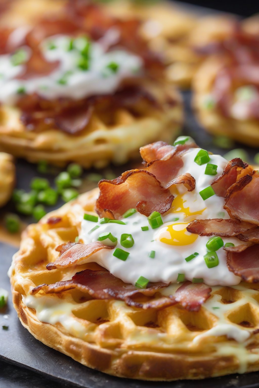 A close-up photo of a bacon ranch chaffle topped with sour cream and green onions under soft lighting.
