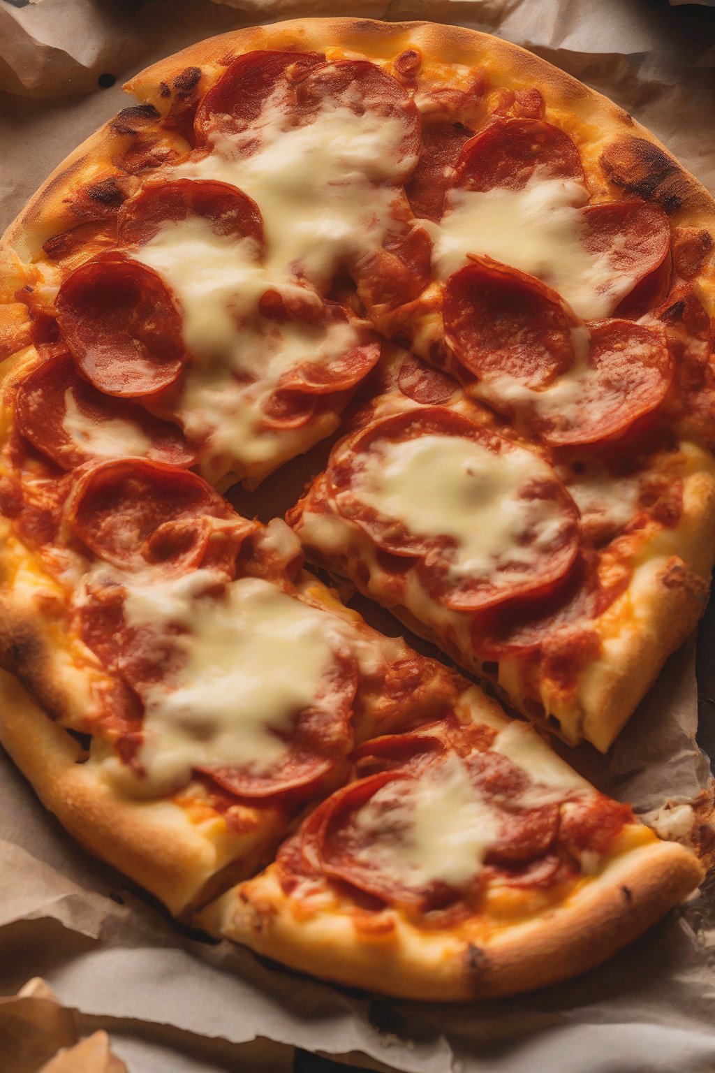 A close-up photo of a pizza chaffle loaded with melted cheese and pepperoni under soft lighting.