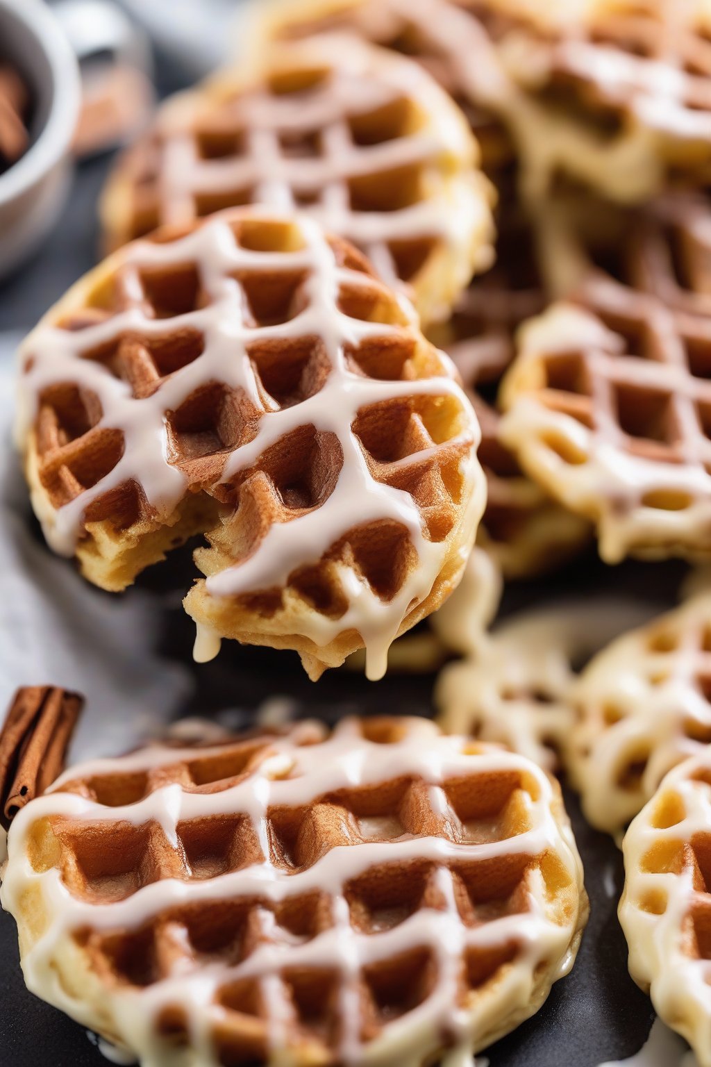 A close-up photo of a cinnamon swirl chaffle drizzled with keto icing under soft lighting.